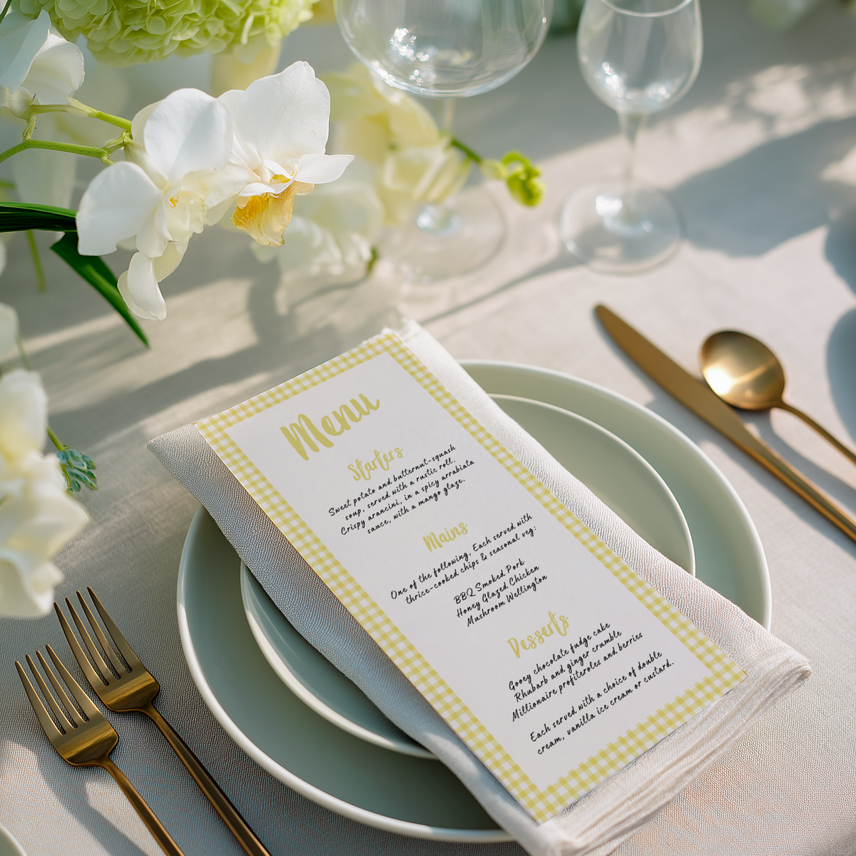 Limoncello wedding menu card with yellow gingham border and playful handwritten script