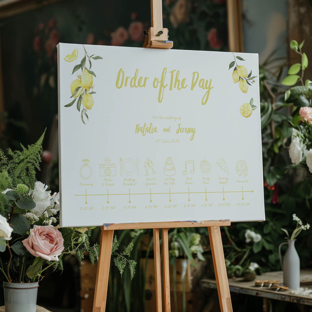Limoncello wedding order of the day sign with lemon watercolour illustrations and yellow script text
