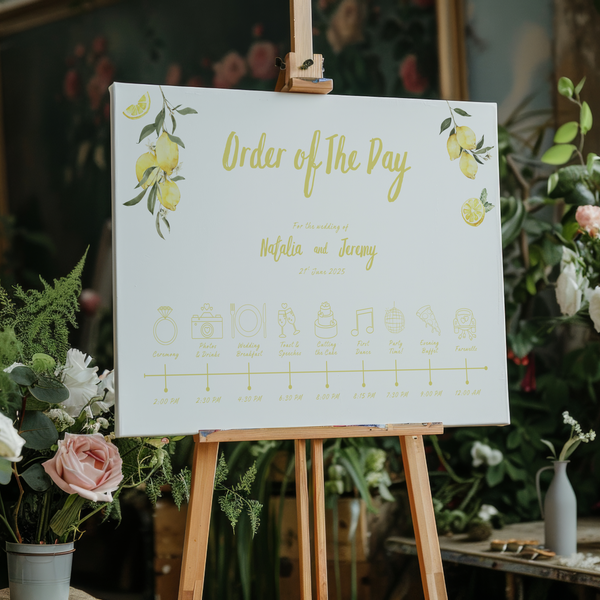 Limoncello wedding order of the day sign with lemon watercolour illustrations and yellow script text