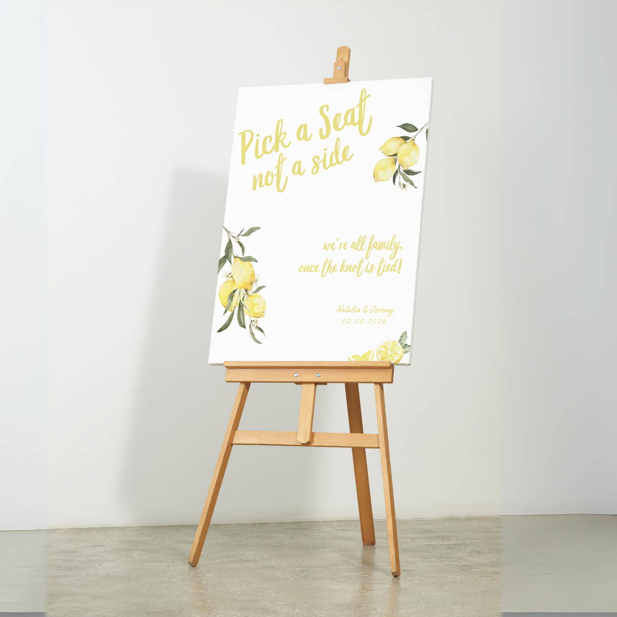 Limoncello pick a seat not a side wedding sign with lemon watercolour illustrations and yellow script text