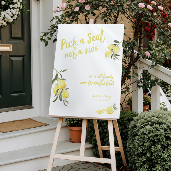Limoncello pick a seat not a side wedding sign with lemon watercolour illustrations and yellow script text