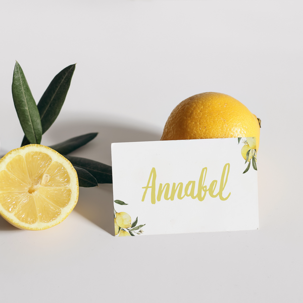 Limoncello wedding place card with lemon watercolour illustrations and playful handwritten script