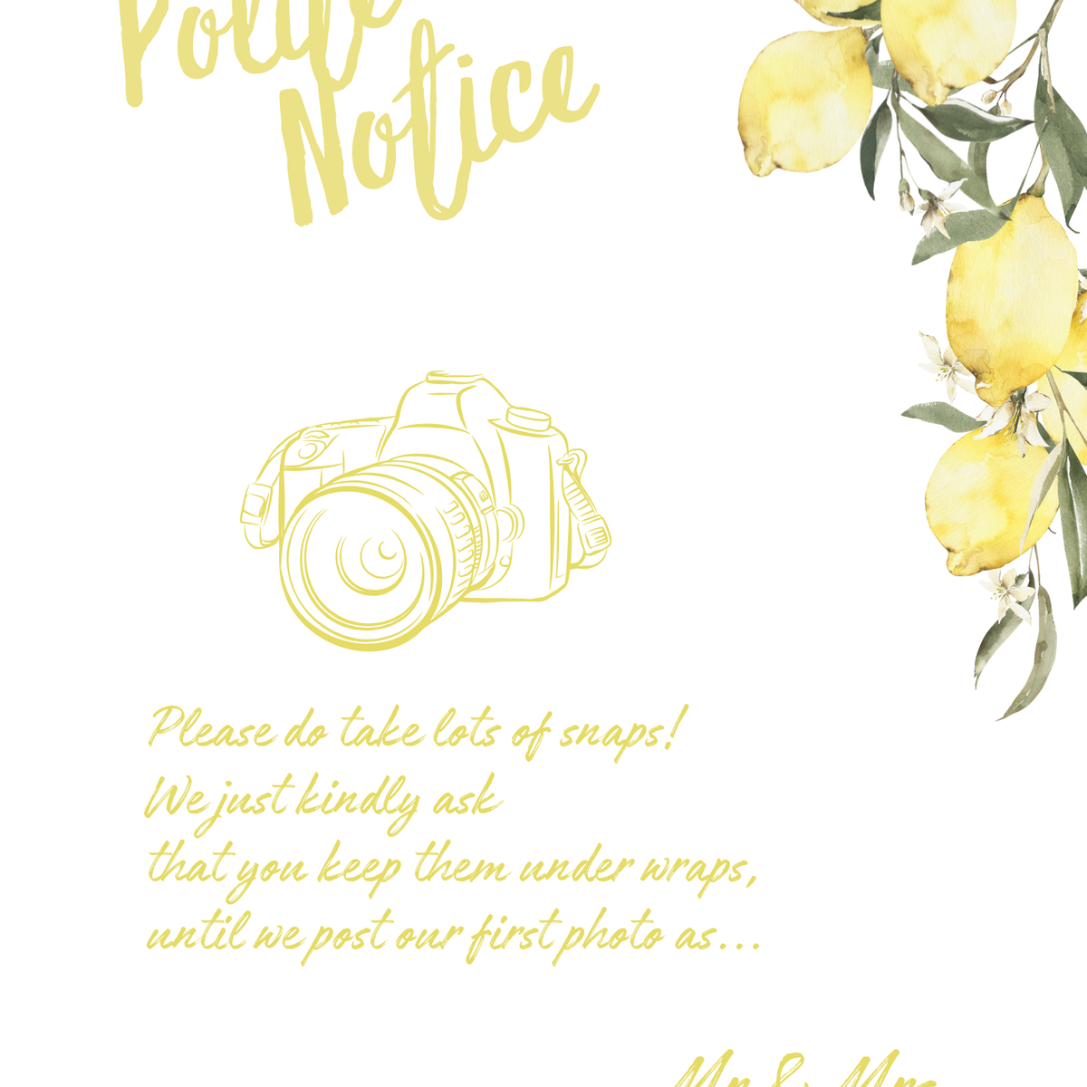 Limoncello polite notice wedding sign with lemon watercolour illustrations and yellow script text