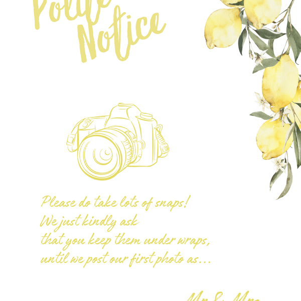 Limoncello polite notice wedding sign with lemon watercolour illustrations and yellow script text