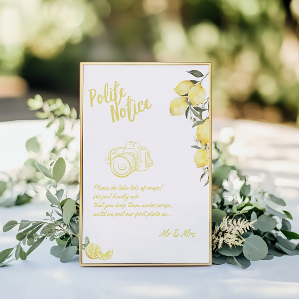 Limoncello polite notice wedding sign with lemon watercolour illustrations and yellow script text