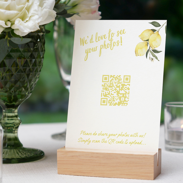 Limoncello photo sharing QR code wedding sign with lemon watercolour illustrations and yellow script text