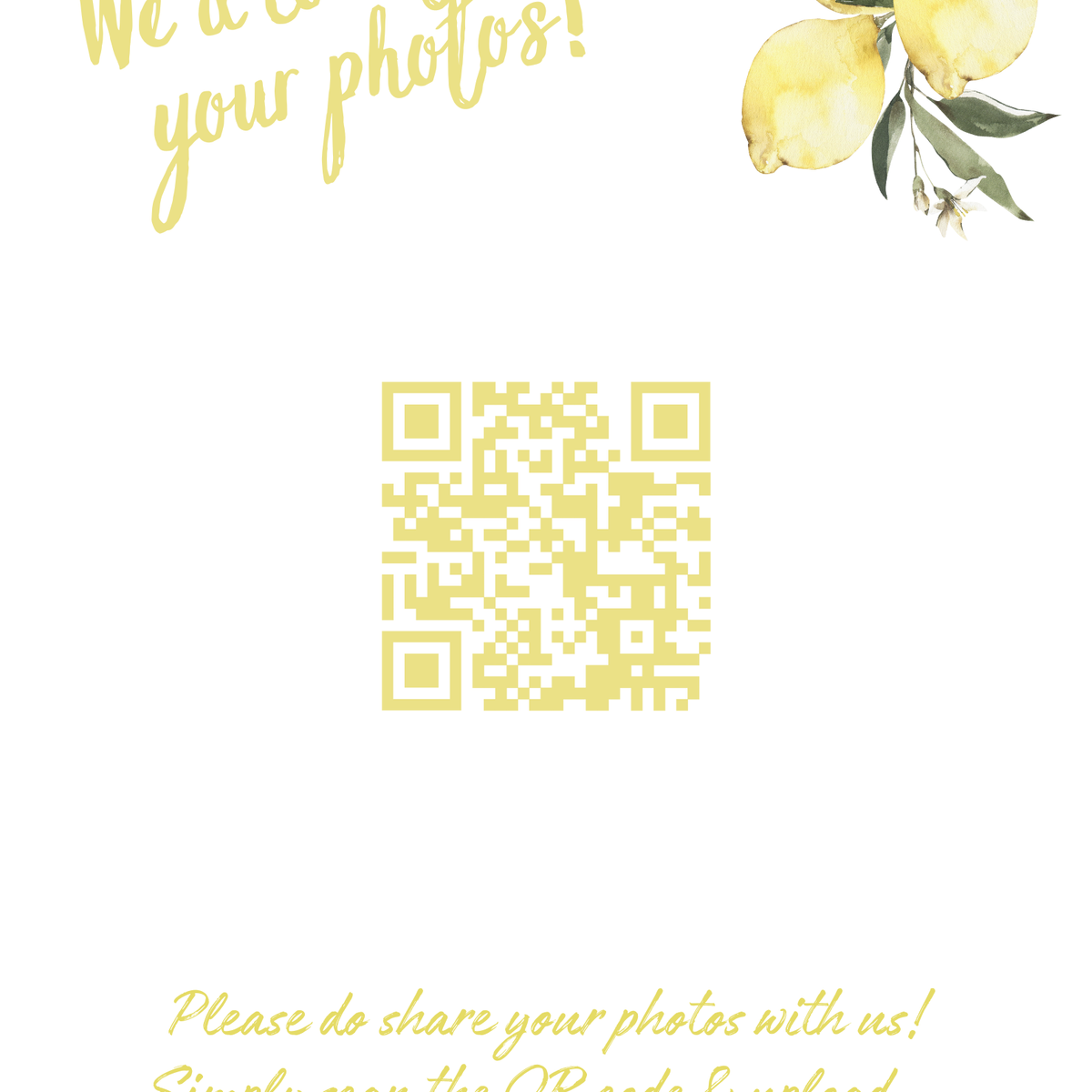 Limoncello photo sharing QR code wedding sign with lemon watercolour illustrations and yellow script text