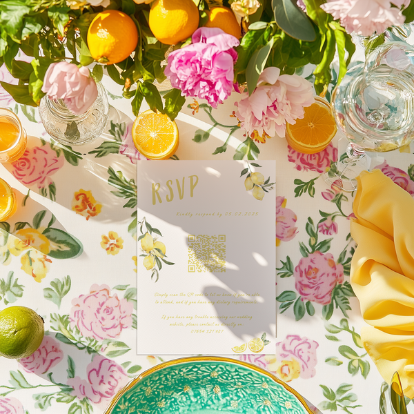 Personalised Limoncello QR code RSVP card A6 wedding stationery with yellow gingham design and playful script