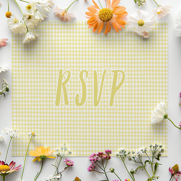 Personalised Limoncello QR code RSVP card A6 wedding stationery with yellow gingham design and playful script