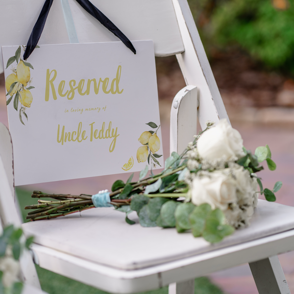 Limoncello reserved in memory wedding chair sign with lemon watercolour illustrations and yellow script text