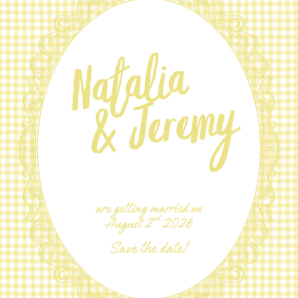 Personalised Limoncello Save the Date card 5x7 inch wedding stationery with lemon watercolour illustrations and yellow script text