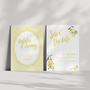 Personalised Limoncello Save the Date card 5x7 inch wedding stationery with lemon watercolour illustrations and yellow script text