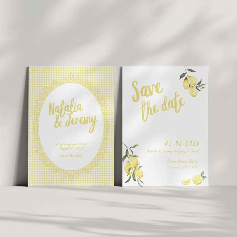 Personalised Limoncello Save the Date card 5x7 inch wedding stationery with lemon watercolour illustrations and yellow script text