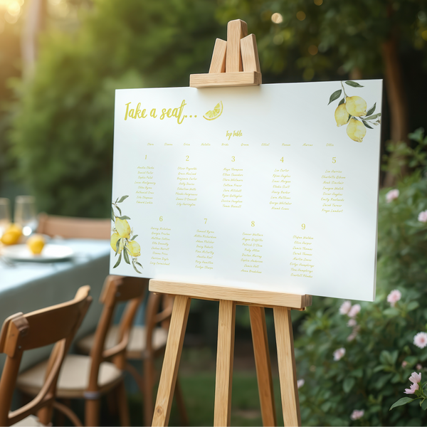 Limoncello wedding seating plan sign with lemon watercolour illustrations and yellow script text