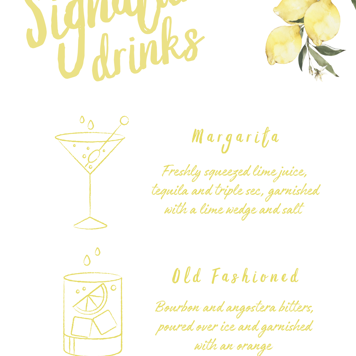 Limoncello signature drinks wedding sign with lemon watercolour illustrations and yellow script text