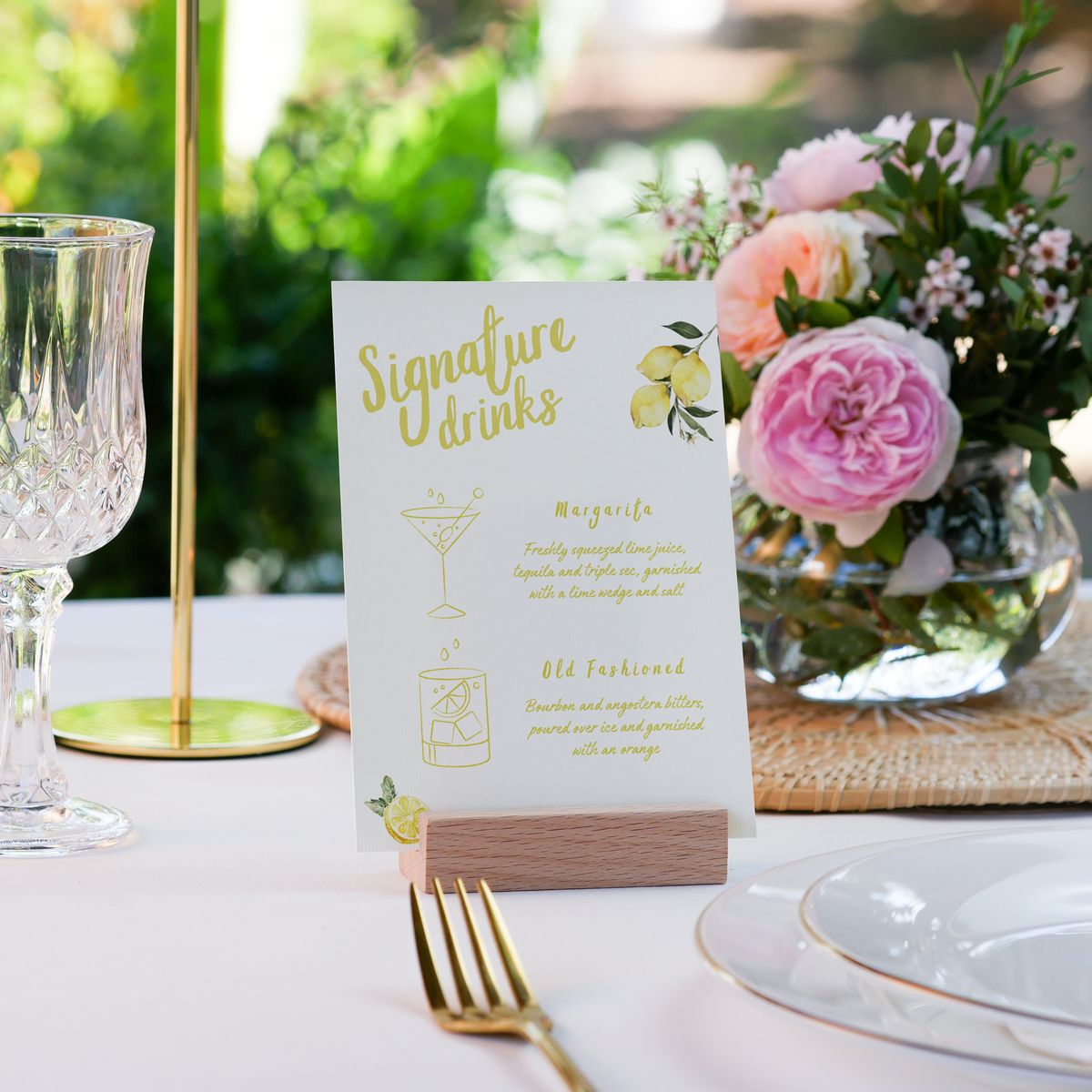 Limoncello signature drinks wedding sign with lemon watercolour illustrations and yellow script text