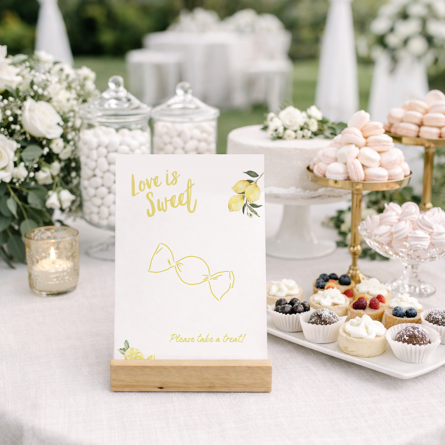 Limoncello sweet table wedding sign with lemon watercolour illustrations and yellow script text