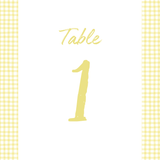 Limoncello wedding table number card with lemon watercolour illustrations and yellow script text
