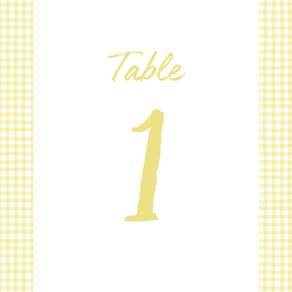 Limoncello wedding table number card with lemon watercolour illustrations and yellow script text