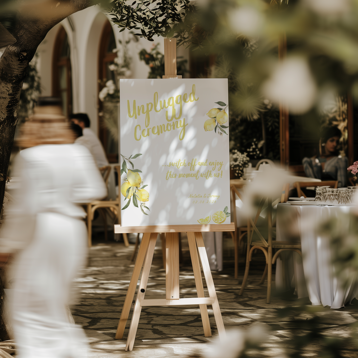 Limoncello unplugged ceremony wedding sign with lemon watercolour illustrations and yellow script text