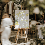 Limoncello unplugged ceremony wedding sign with lemon watercolour illustrations and yellow script text