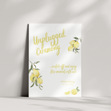 Limoncello unplugged ceremony wedding sign with lemon watercolour illustrations and yellow script text