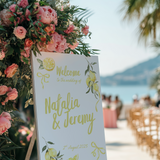 Limoncello wedding welcome sign with lemon watercolour illustrations and yellow script text