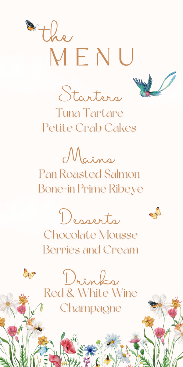 fairytale style wedding menu - affordable personalised wedding menus