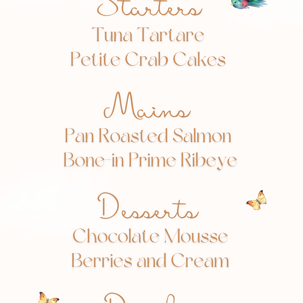 fairytale style wedding menu - affordable personalised wedding menus