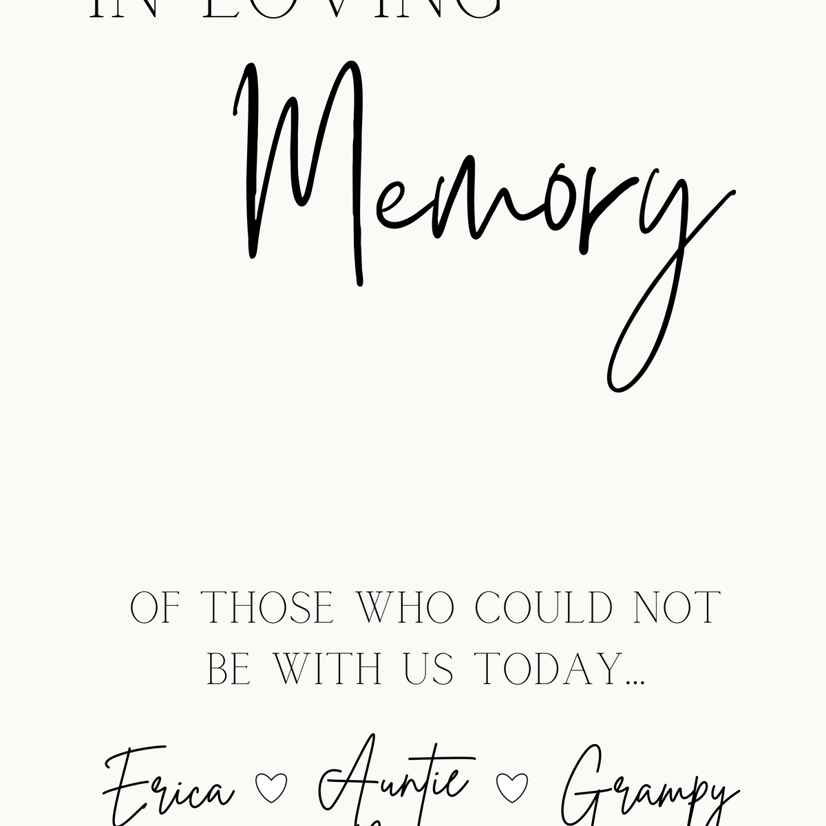 minimalist in loving memory table sign - affordable personalised wedding signs