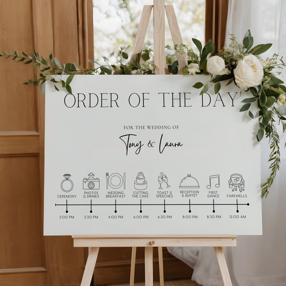 Minimalist off-white wedding order of the day board - a crisp white background, featuring elegant black text and sophisticated icos, giving an overall clean and minimalist aesthetic