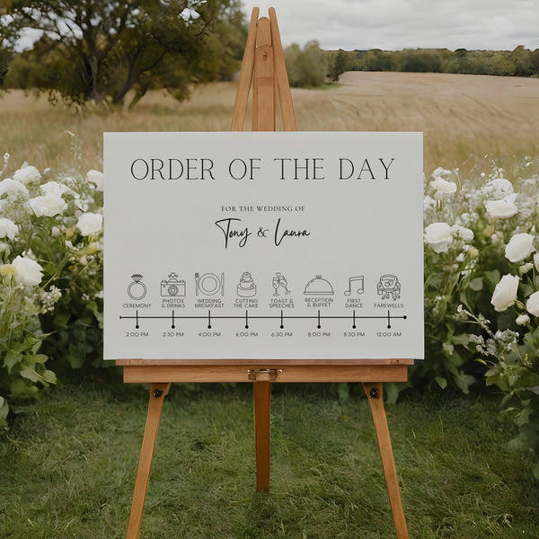 Minimalist off-white wedding order of the day board - a crisp white background, featuring elegant black text and sophisticated icos, giving an overall clean and minimalist aesthetic