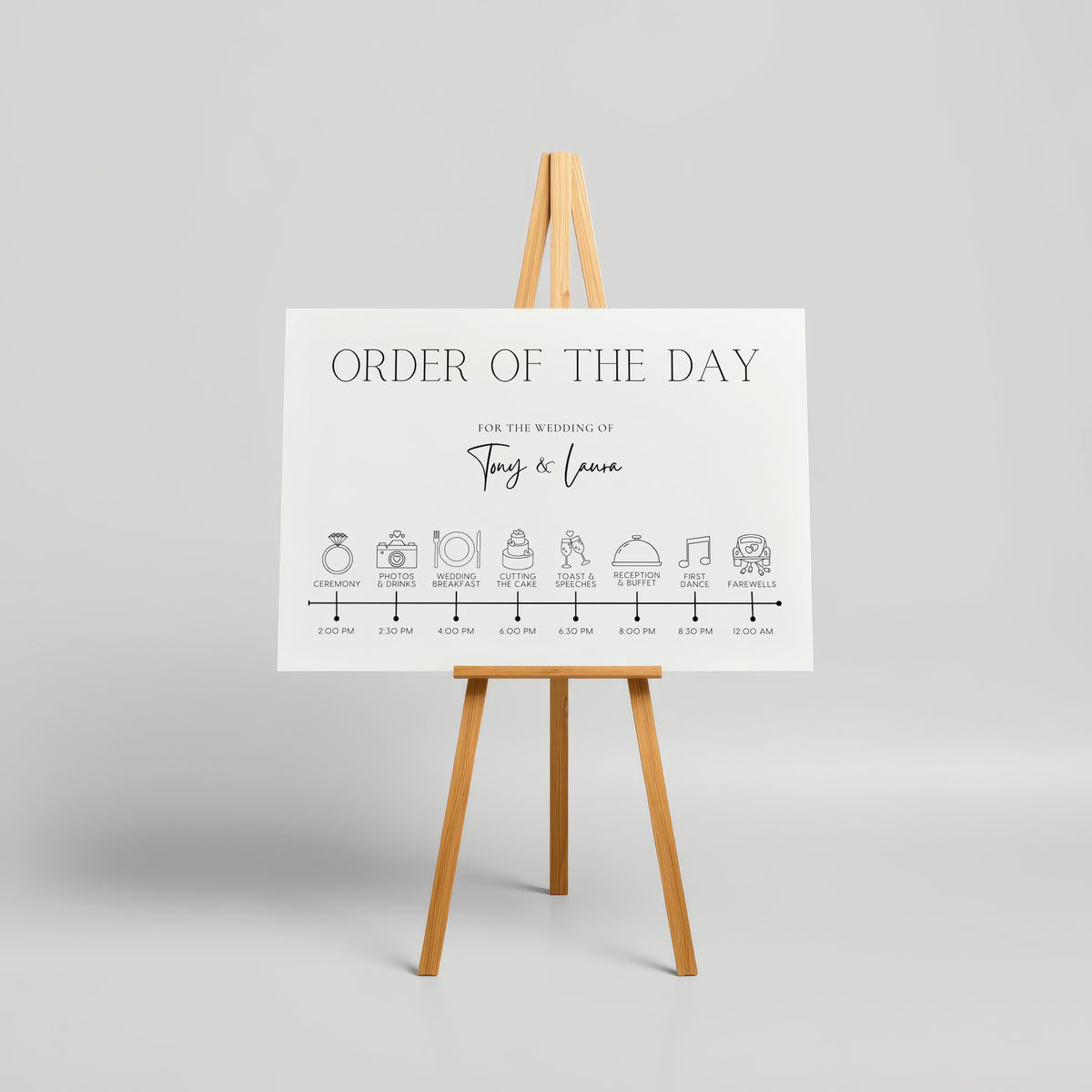 Minimalist off-white wedding order of the day board - a crisp white background, featuring elegant black text and sophisticated icos, giving an overall clean and minimalist aesthetic