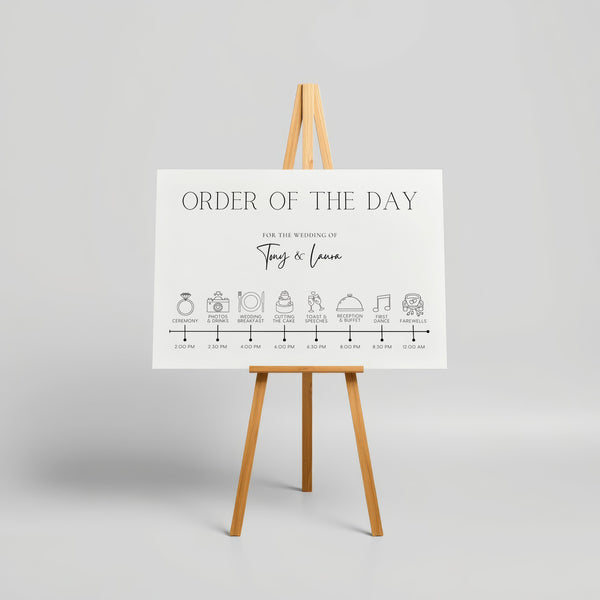 Minimalist off-white wedding order of the day board - a crisp white background, featuring elegant black text and sophisticated icos, giving an overall clean and minimalist aesthetic