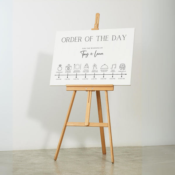 Minimalist off-white wedding order of the day board - a crisp white background, featuring elegant black text and sophisticated icos, giving an overall clean and minimalist aesthetic
