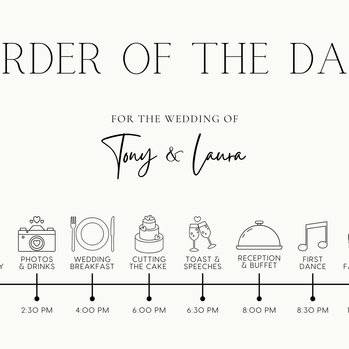Minimalist off-white wedding order of the day board - a crisp white background, featuring elegant black text and sophisticated icos, giving an overall clean and minimalist aesthetic