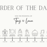 Minimalist off-white wedding order of the day board - a crisp white background, featuring elegant black text and sophisticated icos, giving an overall clean and minimalist aesthetic