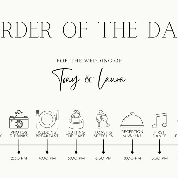 Minimalist off-white wedding order of the day board - a crisp white background, featuring elegant black text and sophisticated icos, giving an overall clean and minimalist aesthetic