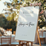 minimalist wedding welcome sign - personalised wedding welcome board, with off-white background and crisp black text