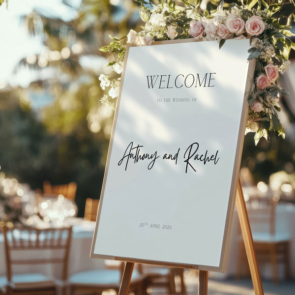 minimalist wedding welcome sign - personalised wedding welcome board, with off-white background and crisp black text