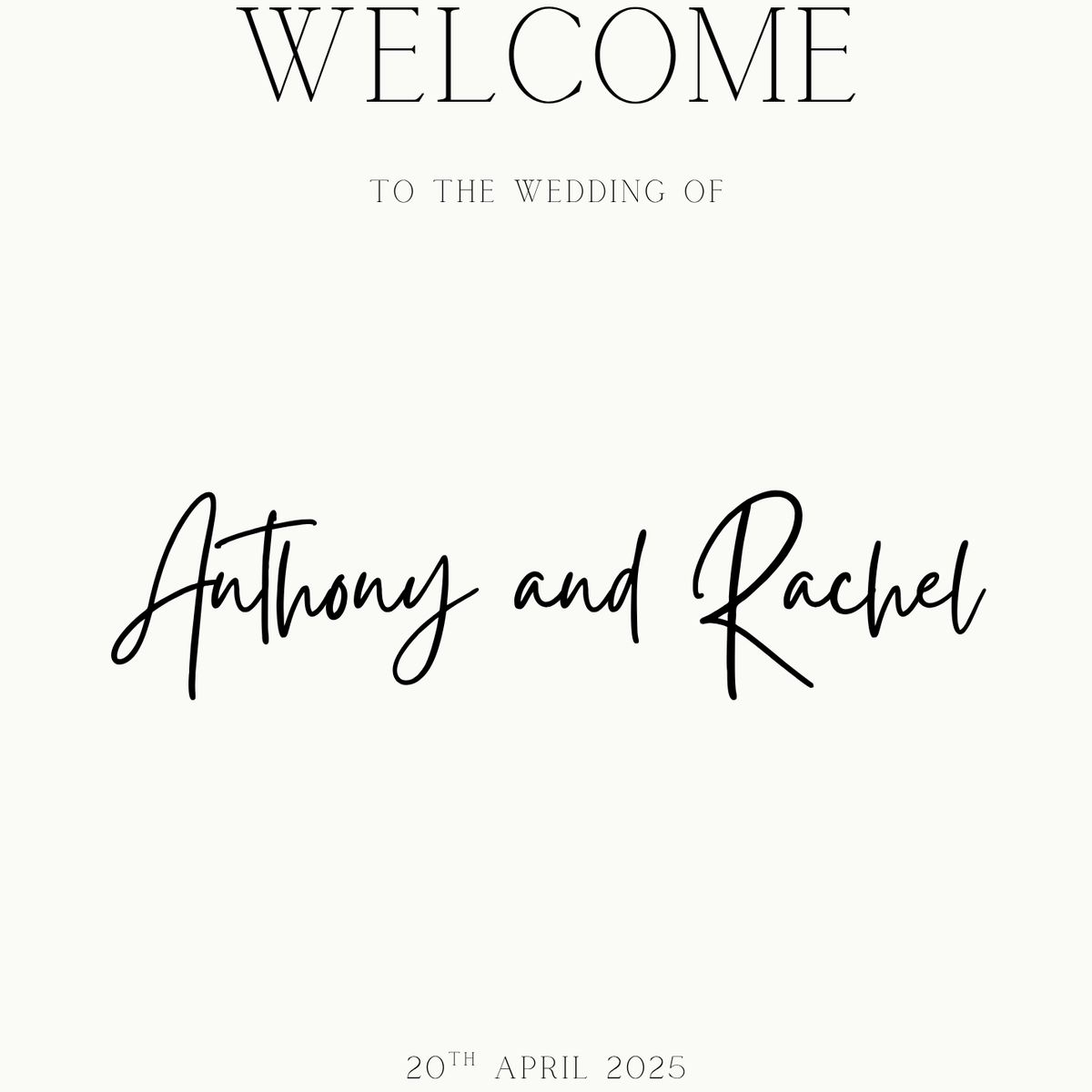 minimalist wedding welcome sign - personalised wedding welcome board, with off-white background and crisp black text