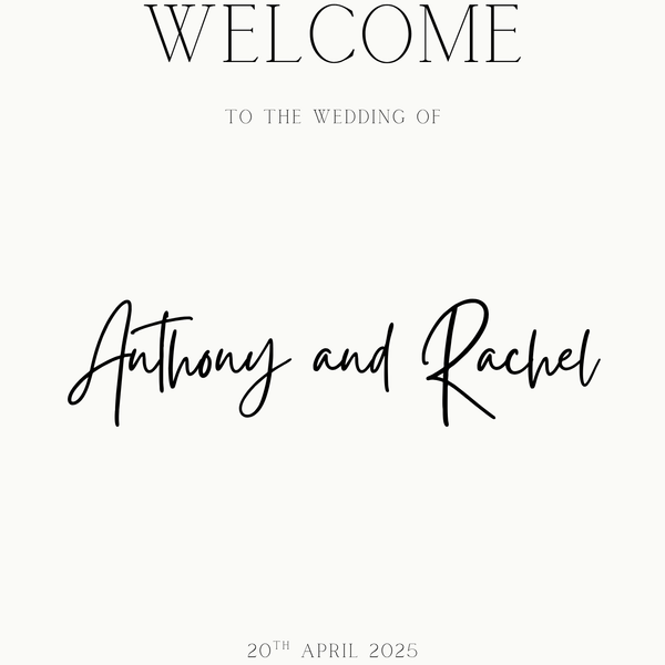 minimalist wedding welcome sign - personalised wedding welcome board, with off-white background and crisp black text