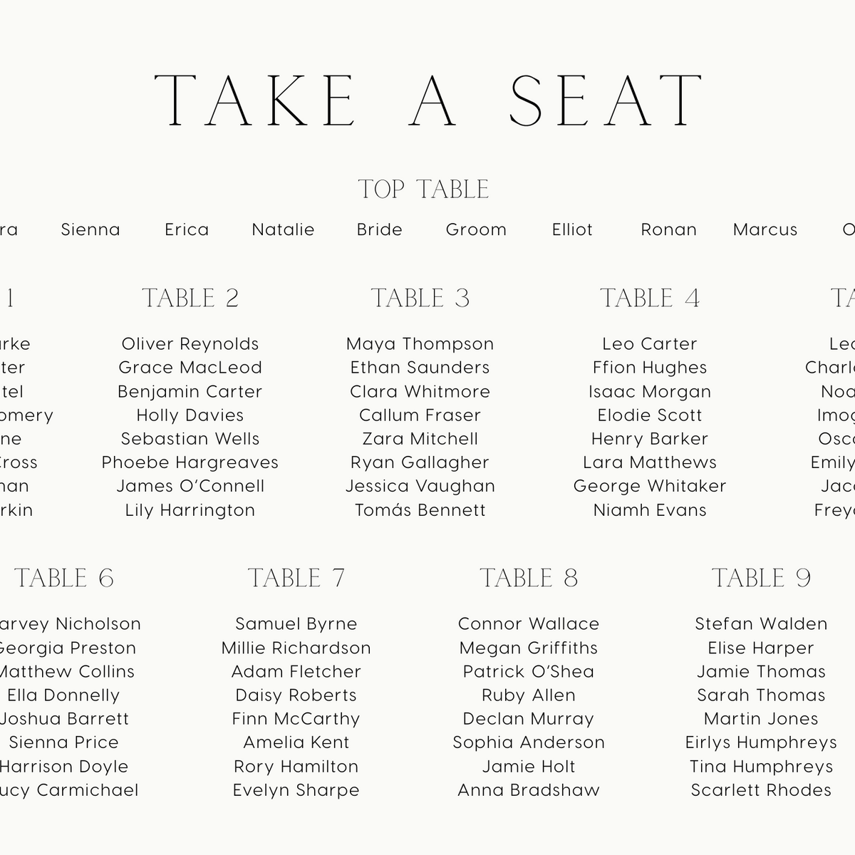 Minimalist White wedding seating plan personalised - custom wedding seating chart