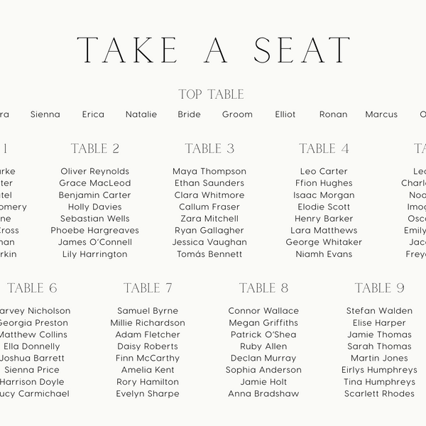 Minimalist White wedding seating plan personalised - custom wedding seating chart
