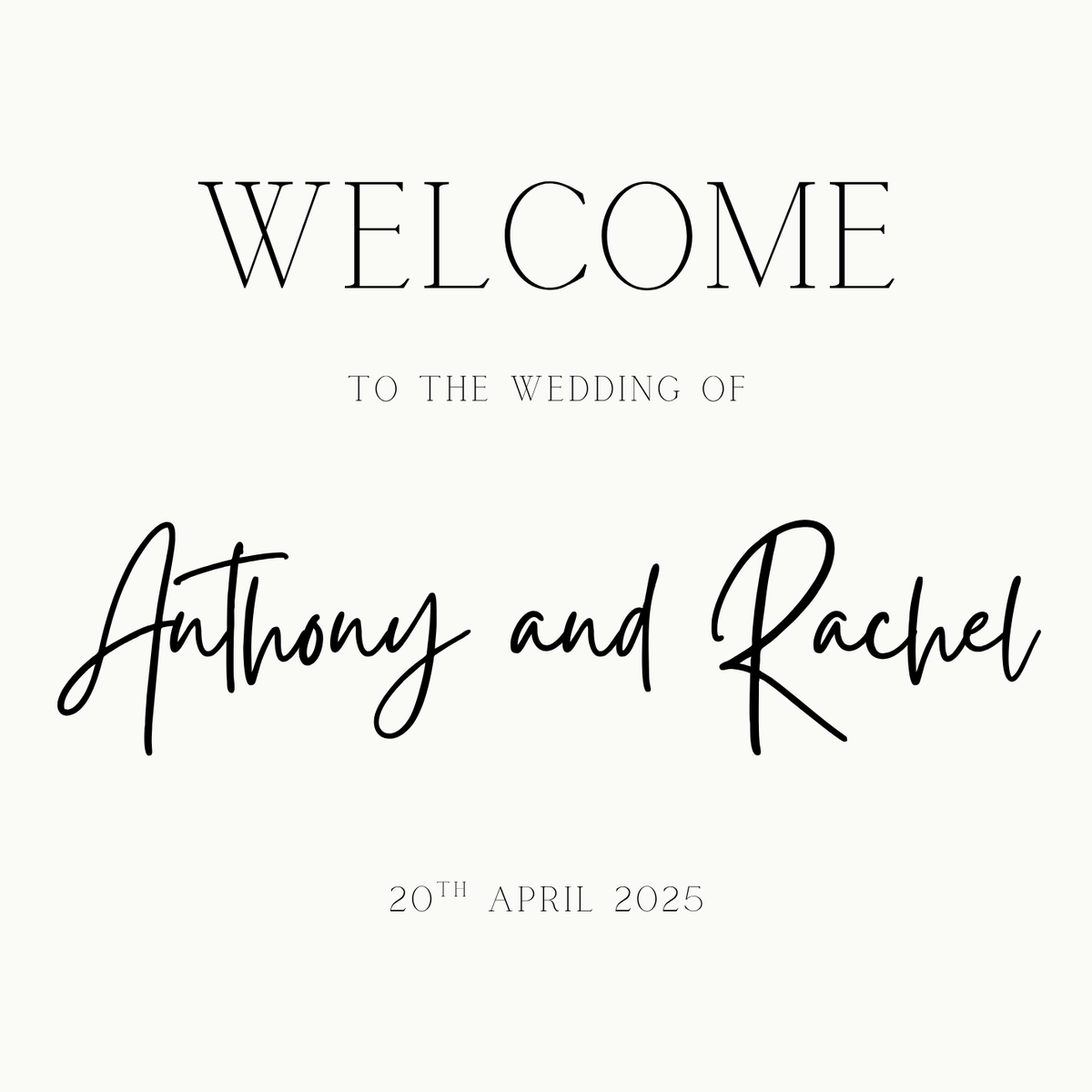 minimalist wedding welcome sign - personalised wedding welcome board, with off-white background and crisp black text
