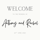 minimalist wedding welcome sign - personalised wedding welcome board, with off-white background and crisp black text