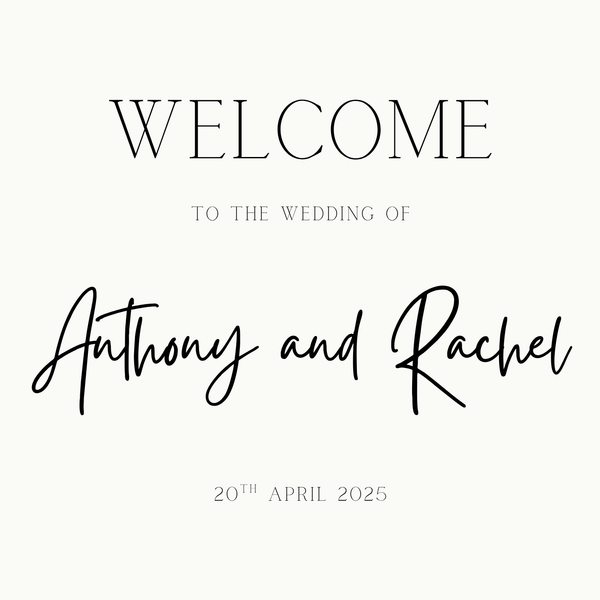 minimalist wedding welcome sign - personalised wedding welcome board, with off-white background and crisp black text