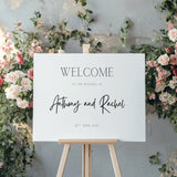 minimalist wedding welcome sign - personalised wedding welcome board, with off-white background and crisp black text
