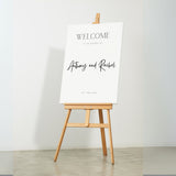 minimalist wedding welcome sign - personalised wedding welcome board, with off-white background and crisp black text