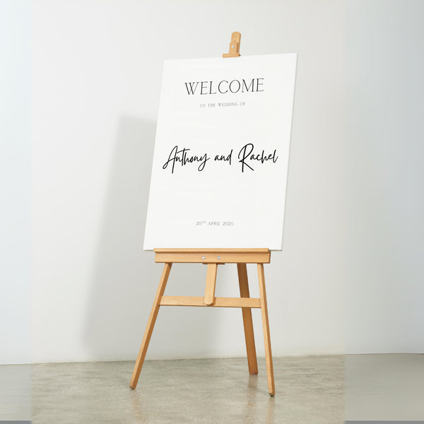 minimalist wedding welcome sign - personalised wedding welcome board, with off-white background and crisp black text
